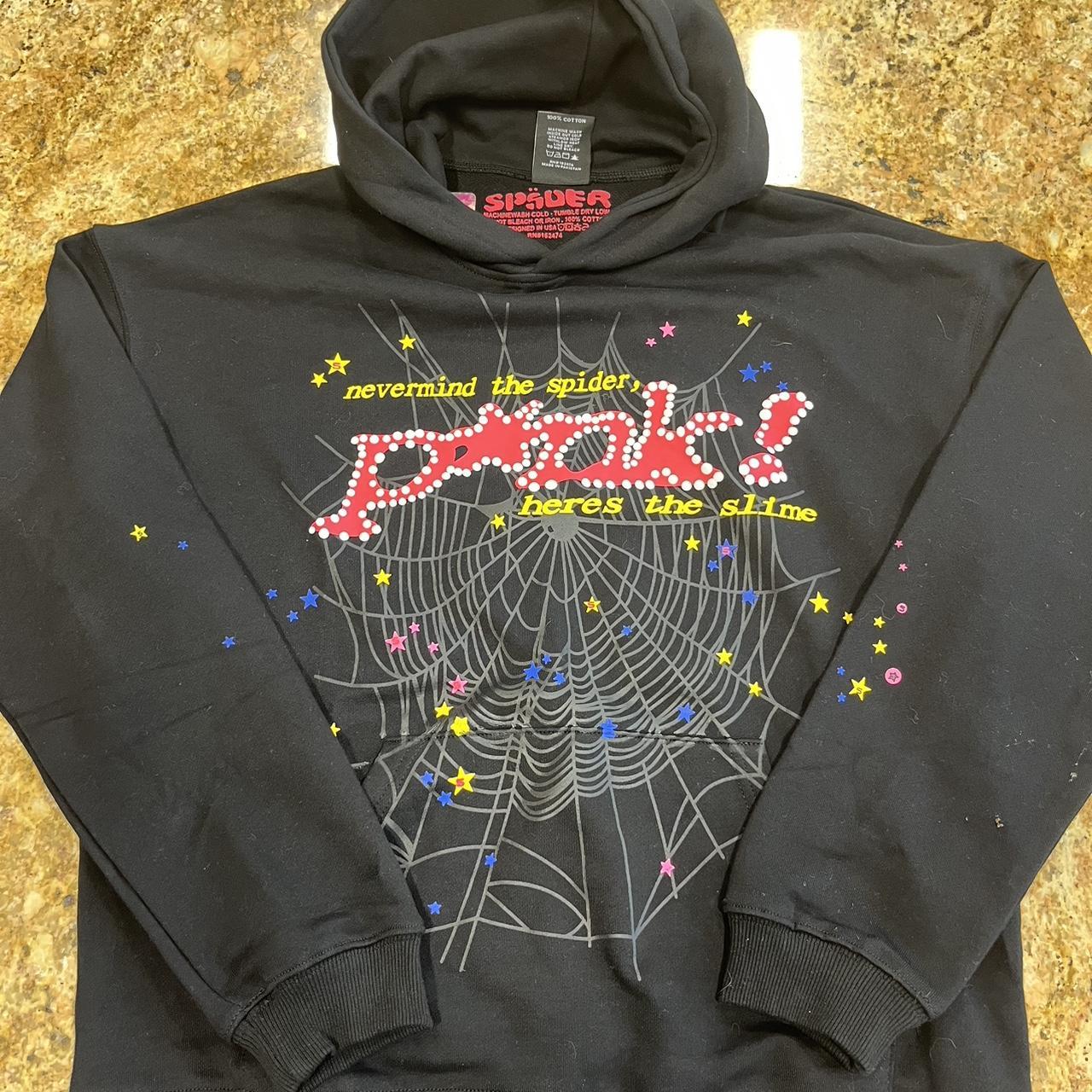 Black/P*nk Sp5der hoodie worn one or twice but | Depop