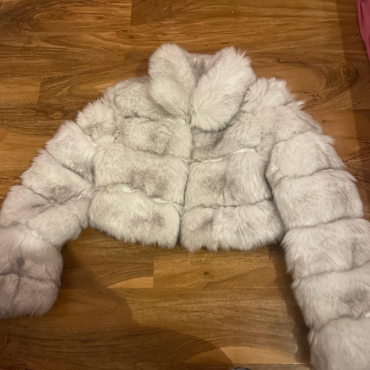 cropped white fluffy fur jacket size s Depop