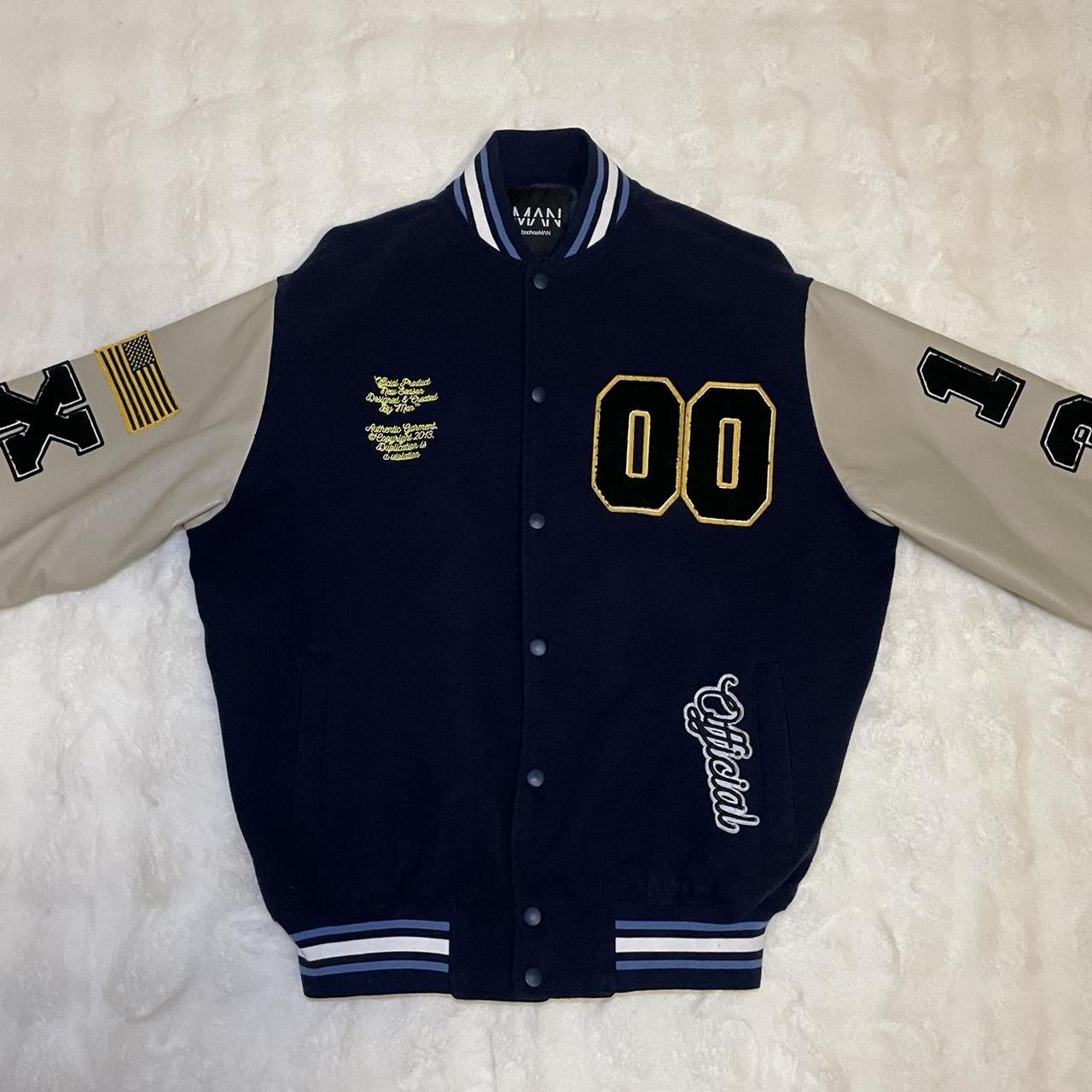 BOOHOOMAN VARSITY JACKET NAVY BLUE SIZE... - Depop