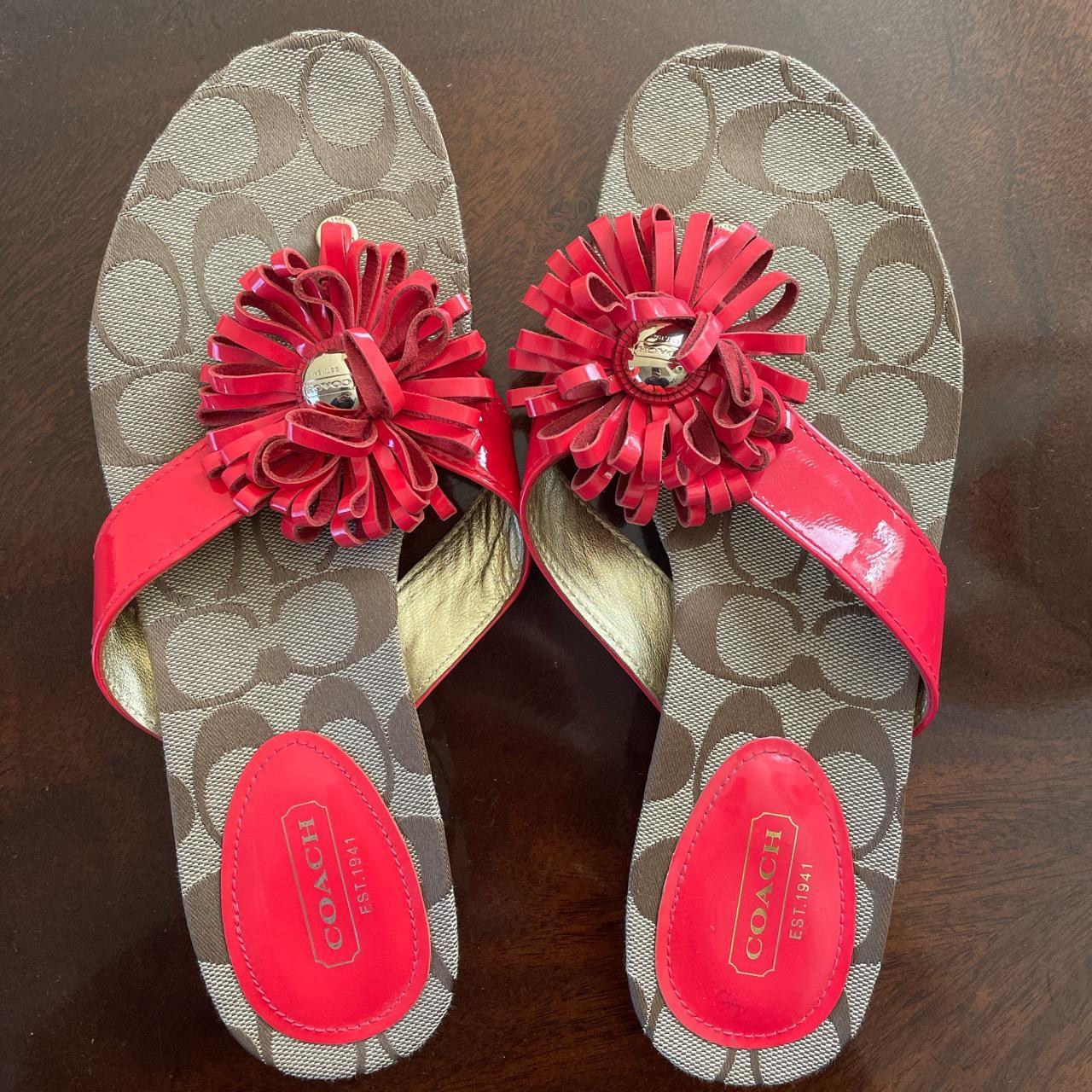 Super fun red orange coach tassel flower flip flops Depop