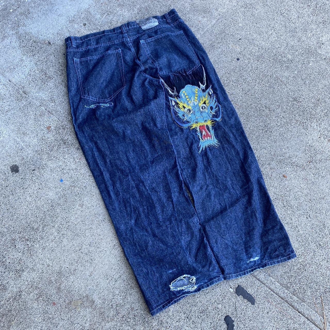 Vintage y2k ed hardy embroidered dragon jeans... - Depop