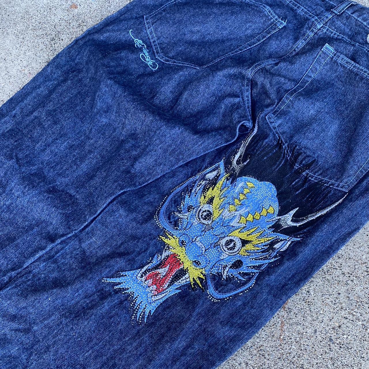 Vintage y2k ed hardy embroidered dragon jeans... - Depop