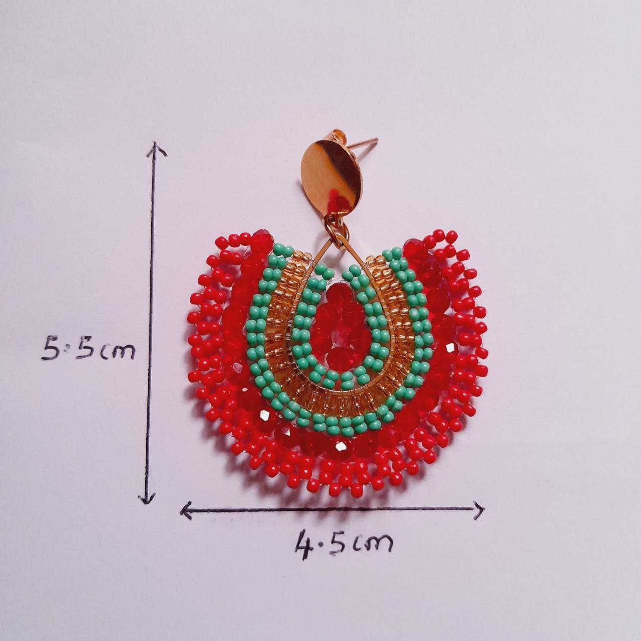 Red and green glass beads decor dangle earrings. Depop