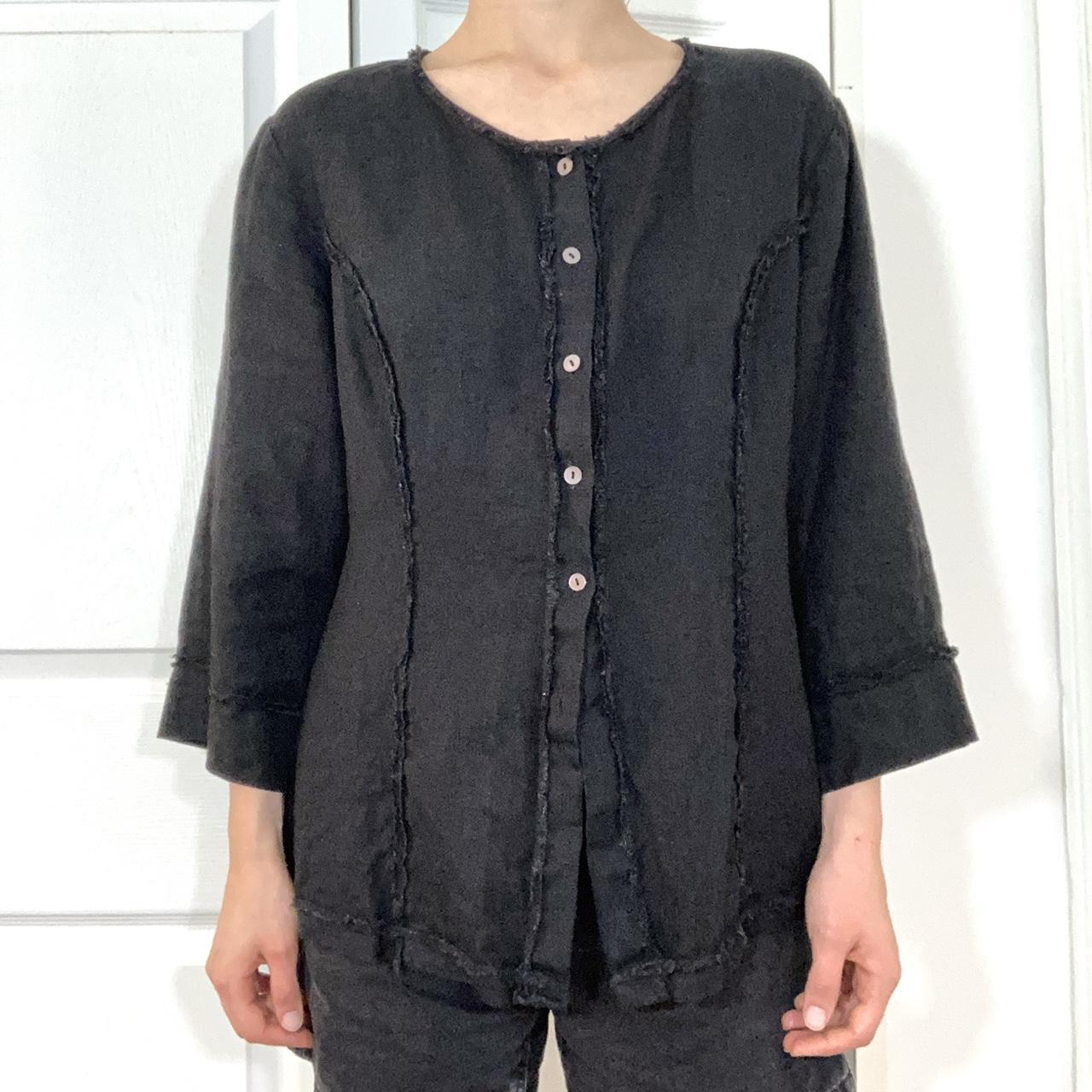 Black linen button up blouse with frayed edge... - Depop