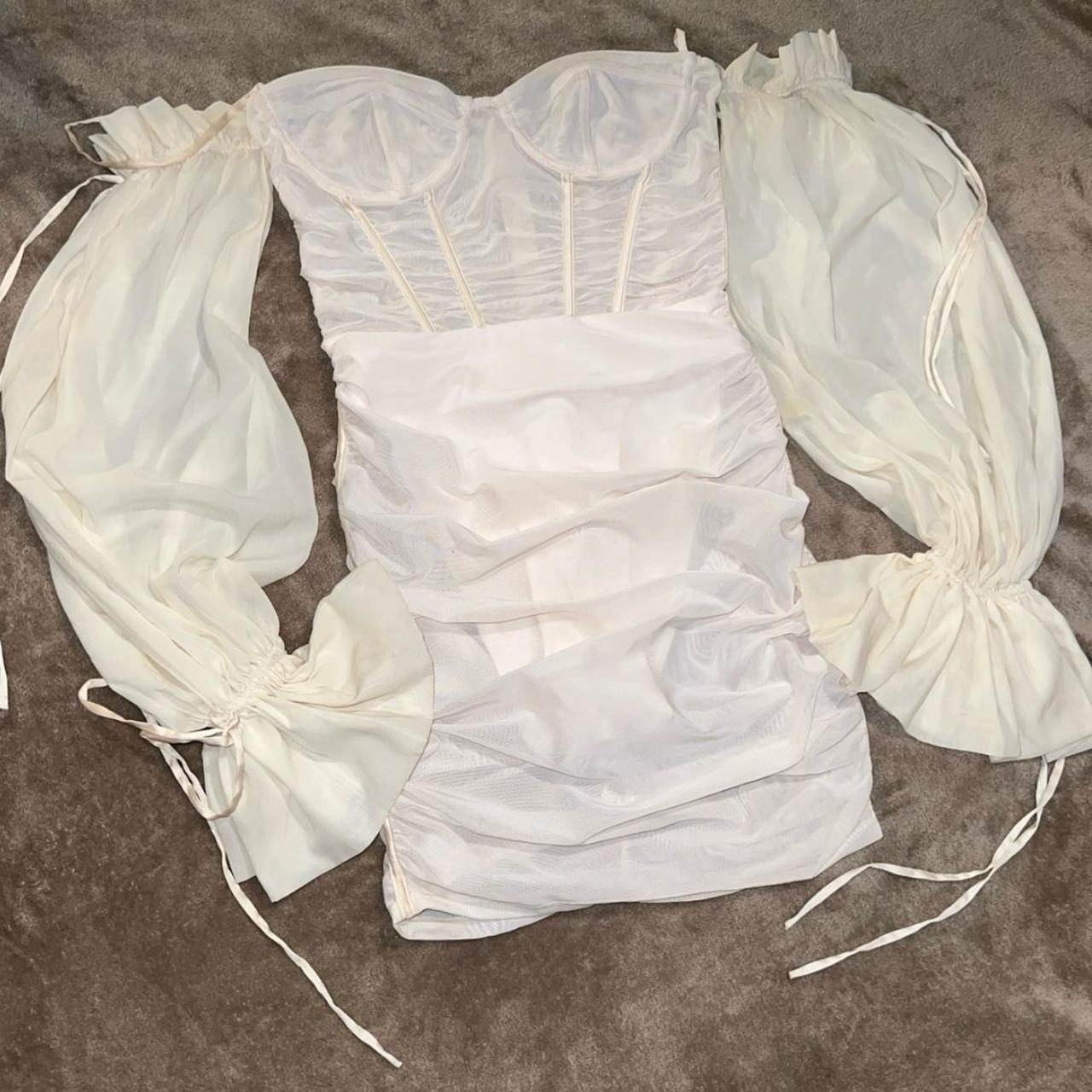 SHEER MESH LONG SLEEVE MINI DRESS IN OYSTER WHITE Depop