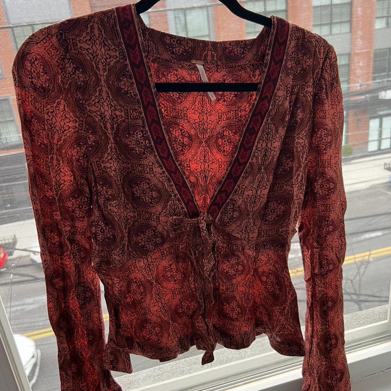 Free People Red Printed Tie-Front Shirt Blouse - Depop