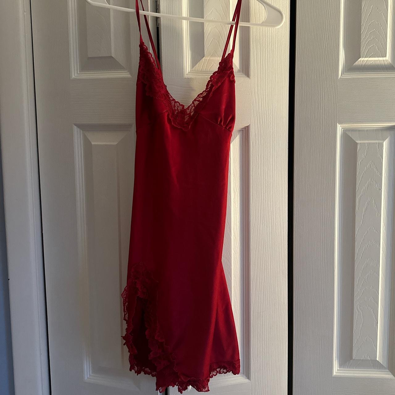 Red lace slip dress with slit - Depop