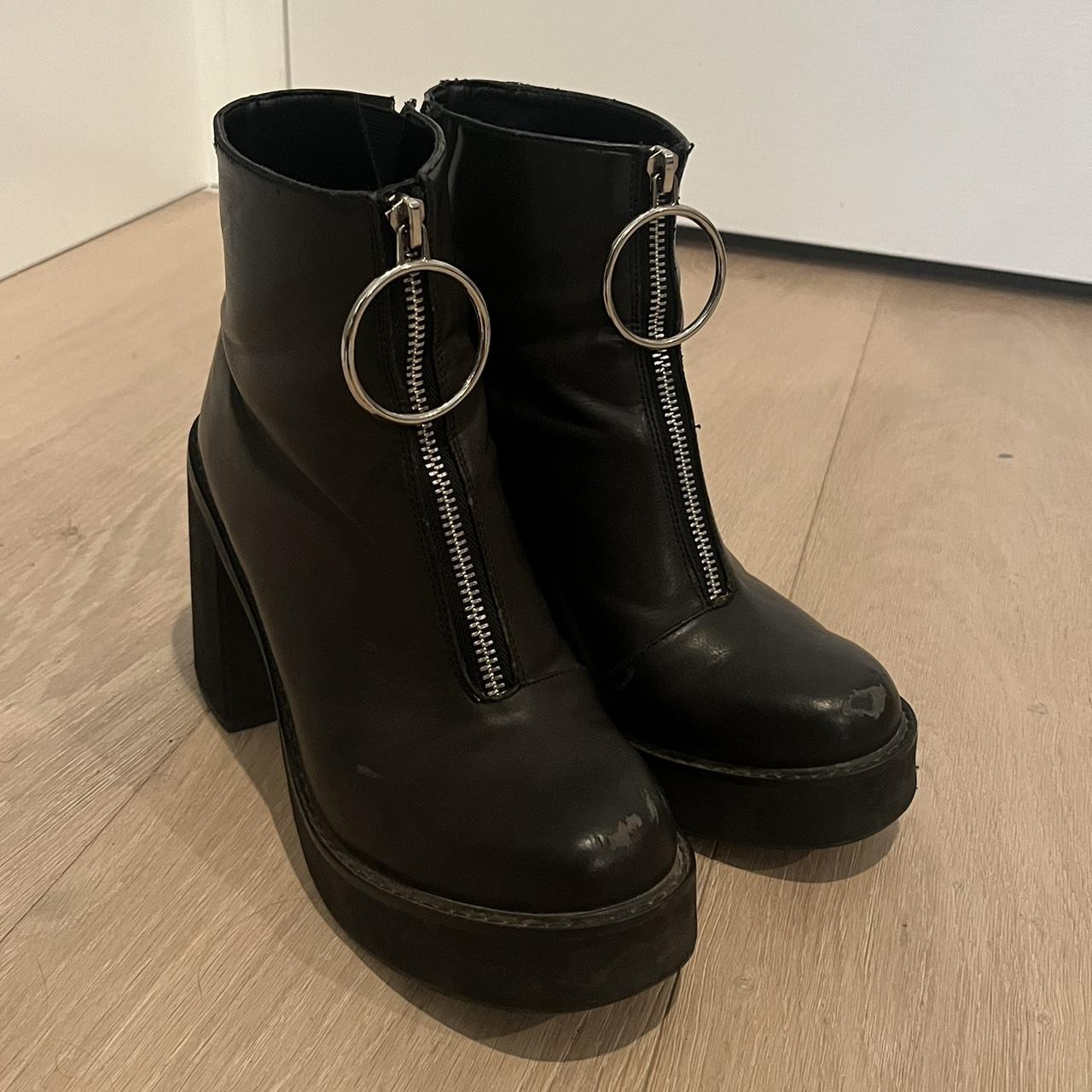 Current mood black platform boots with silver o ring