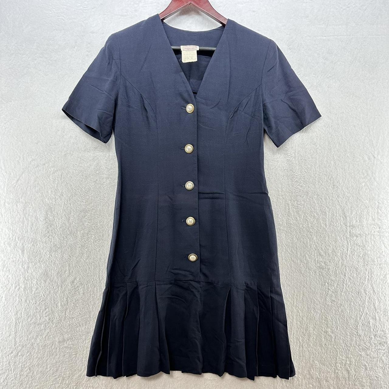 Vintage pearl button up shirt dress in navy blue by... - Depop