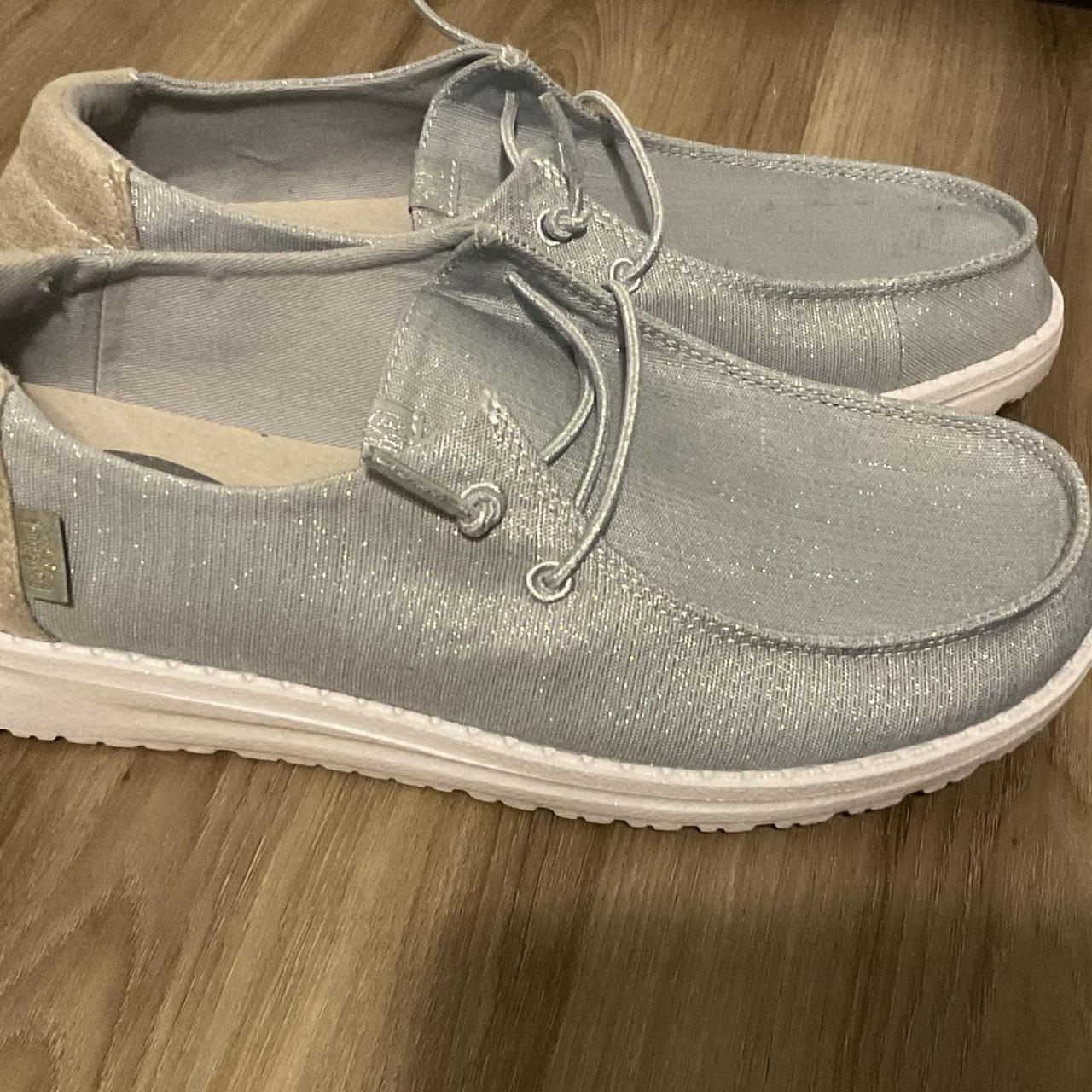 Hey Dudes. Women’s. Silver sparkly. Gold heel.... Depop