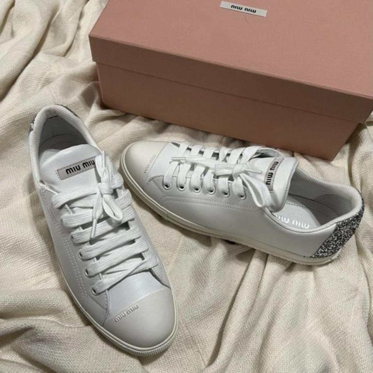 Miu Miu Silver Crystal Swarovski Leather Sneakers - Gray/Silver