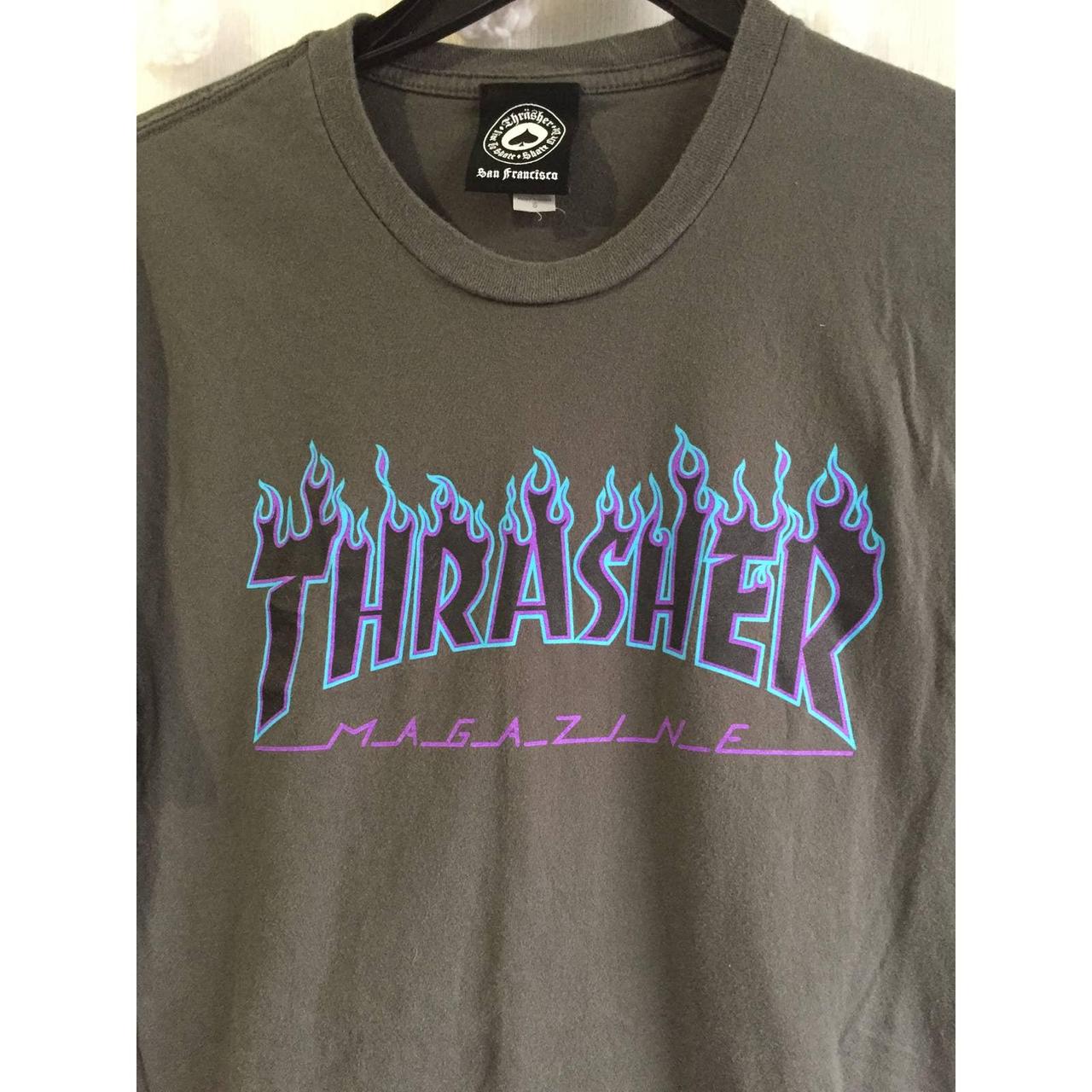 grey and blue thrasher shirt