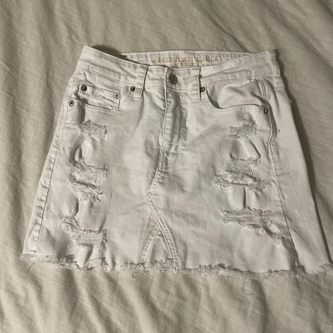 American eagle white shop ripped jean skirt