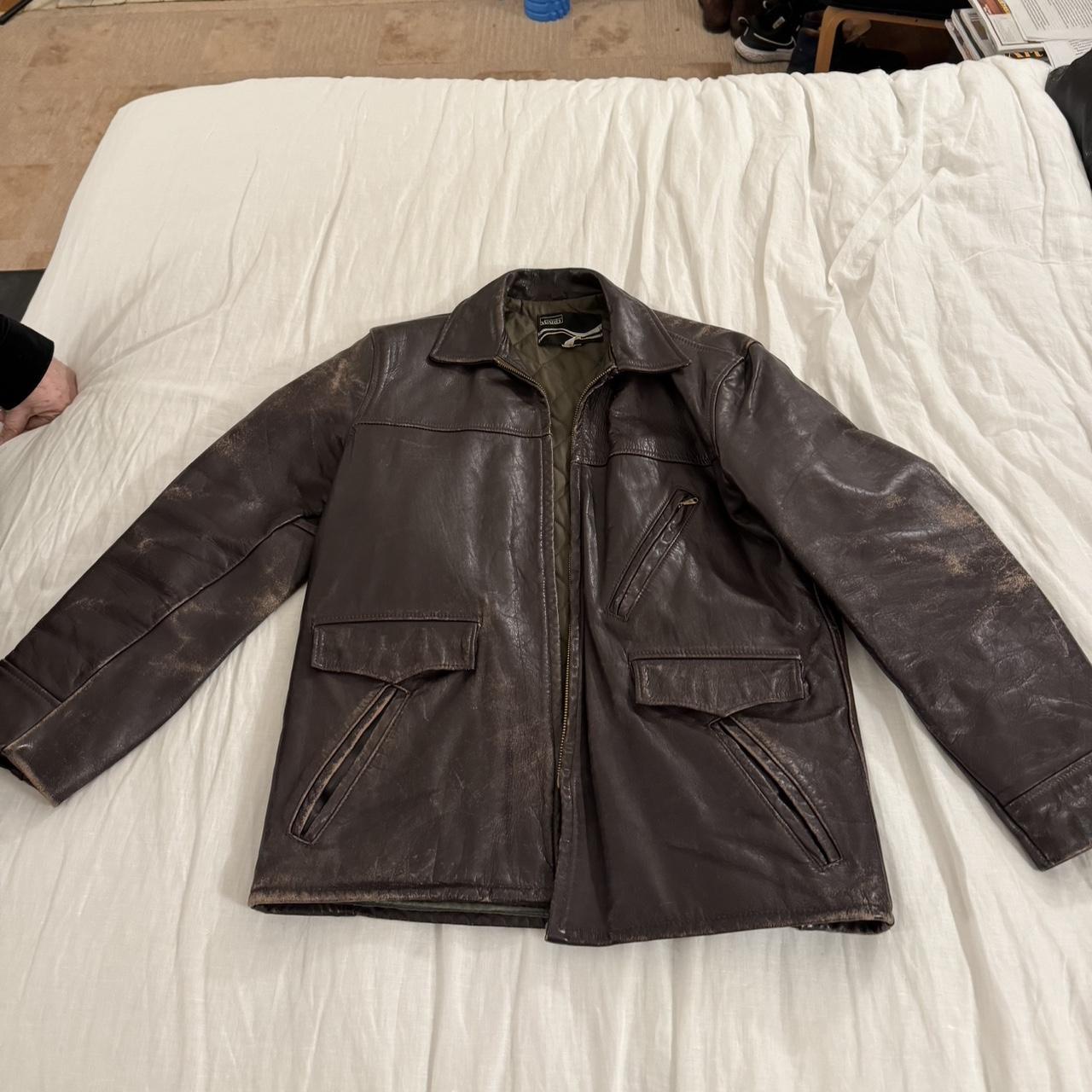 vintage dark brown leather Montgomery Ward bomber... - Depop