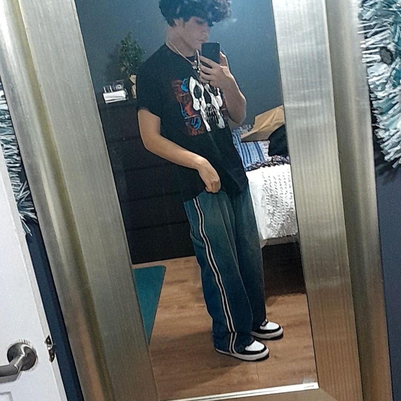 Vintage Y2K black and white striped Exhaust jeans,... Depop