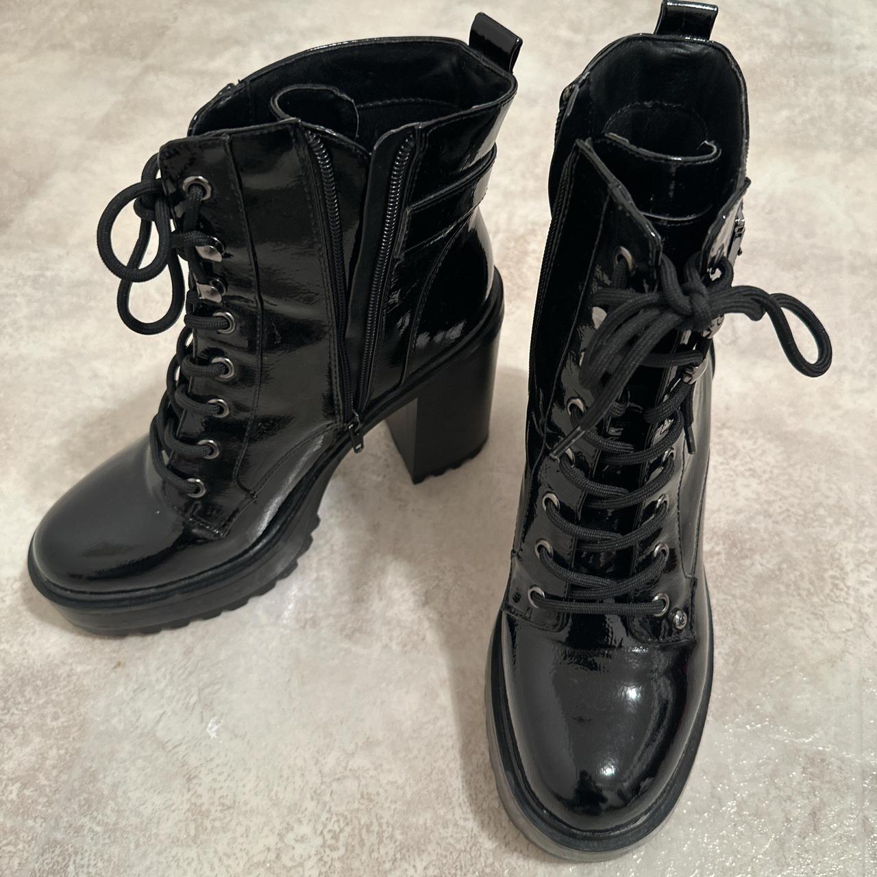 GBG Los Angeles SAMMI Lace Up Mid Calf Black Patent... - Depop