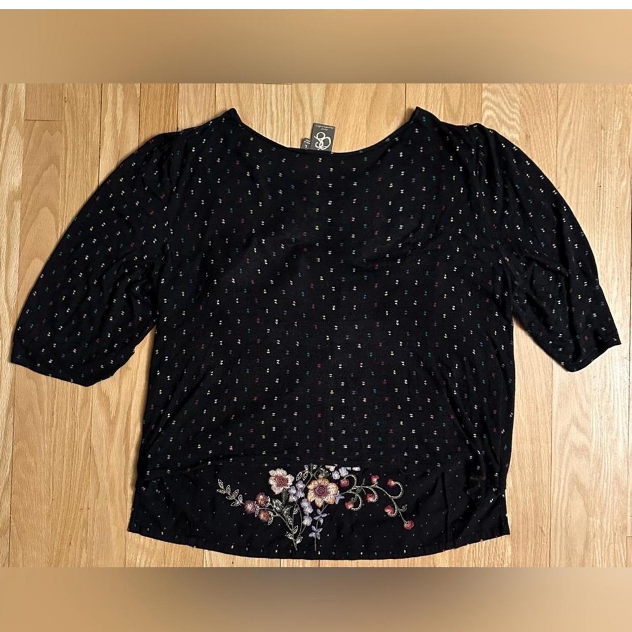 One September Anthropologie Blanche 2024 Top Size Medium Black Floral Embroidered