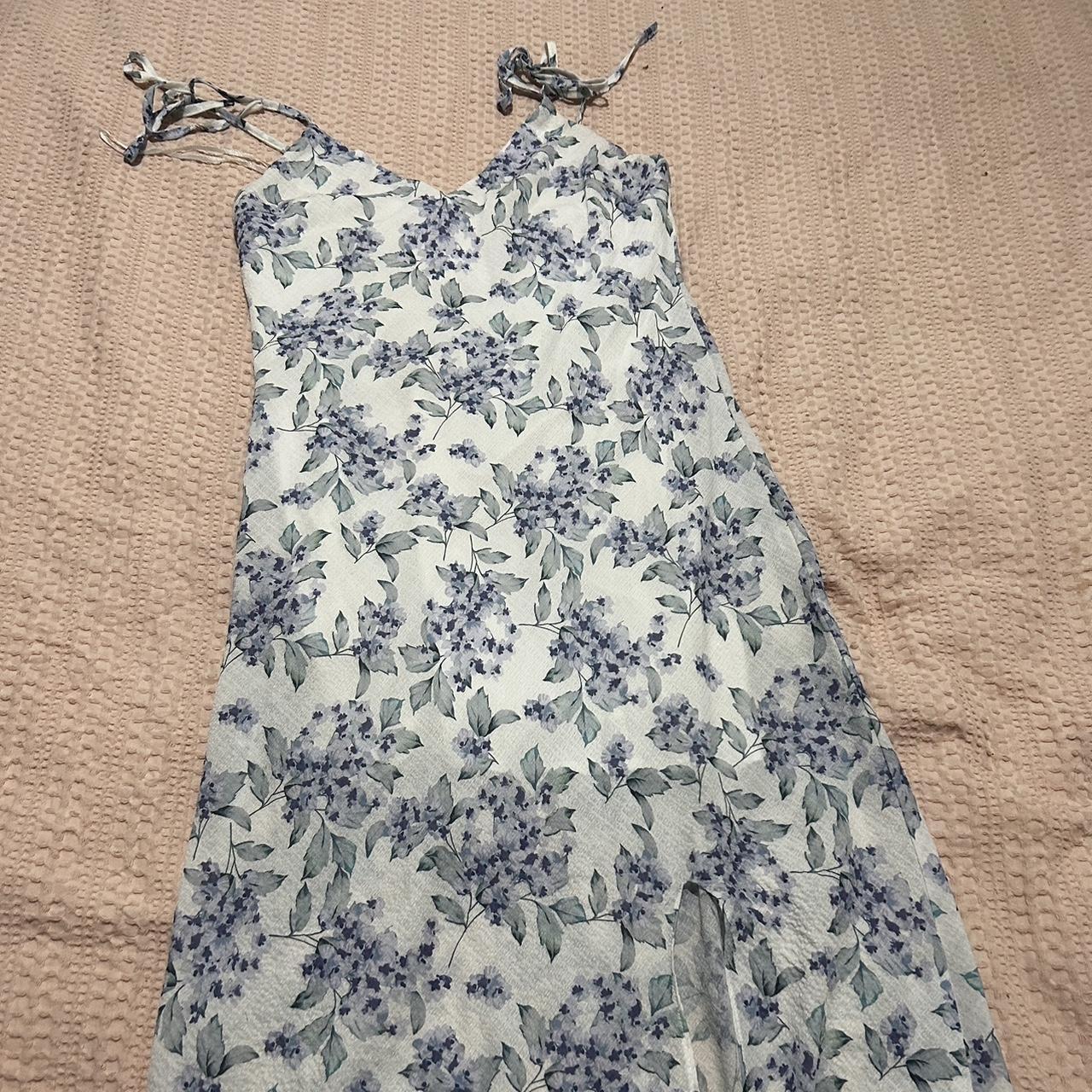 White/blue floral midi dress with tie up straps Size... - Depop