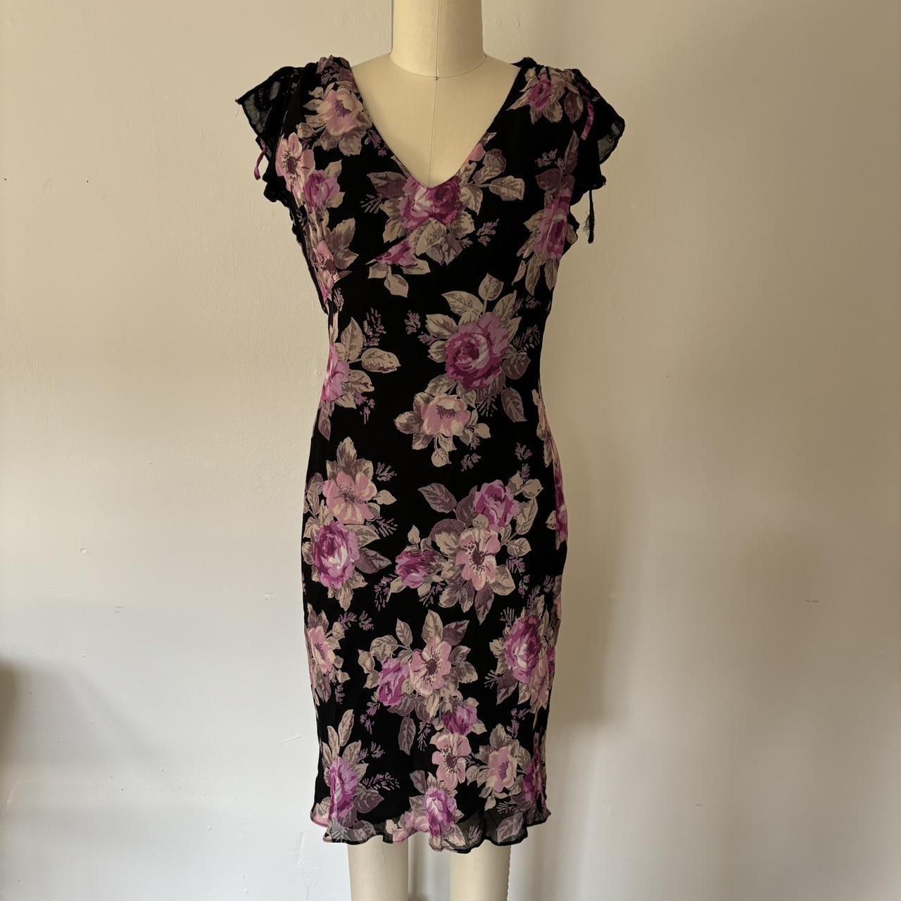 VINTAGE bias cut pink and black floral midi dress... - Depop