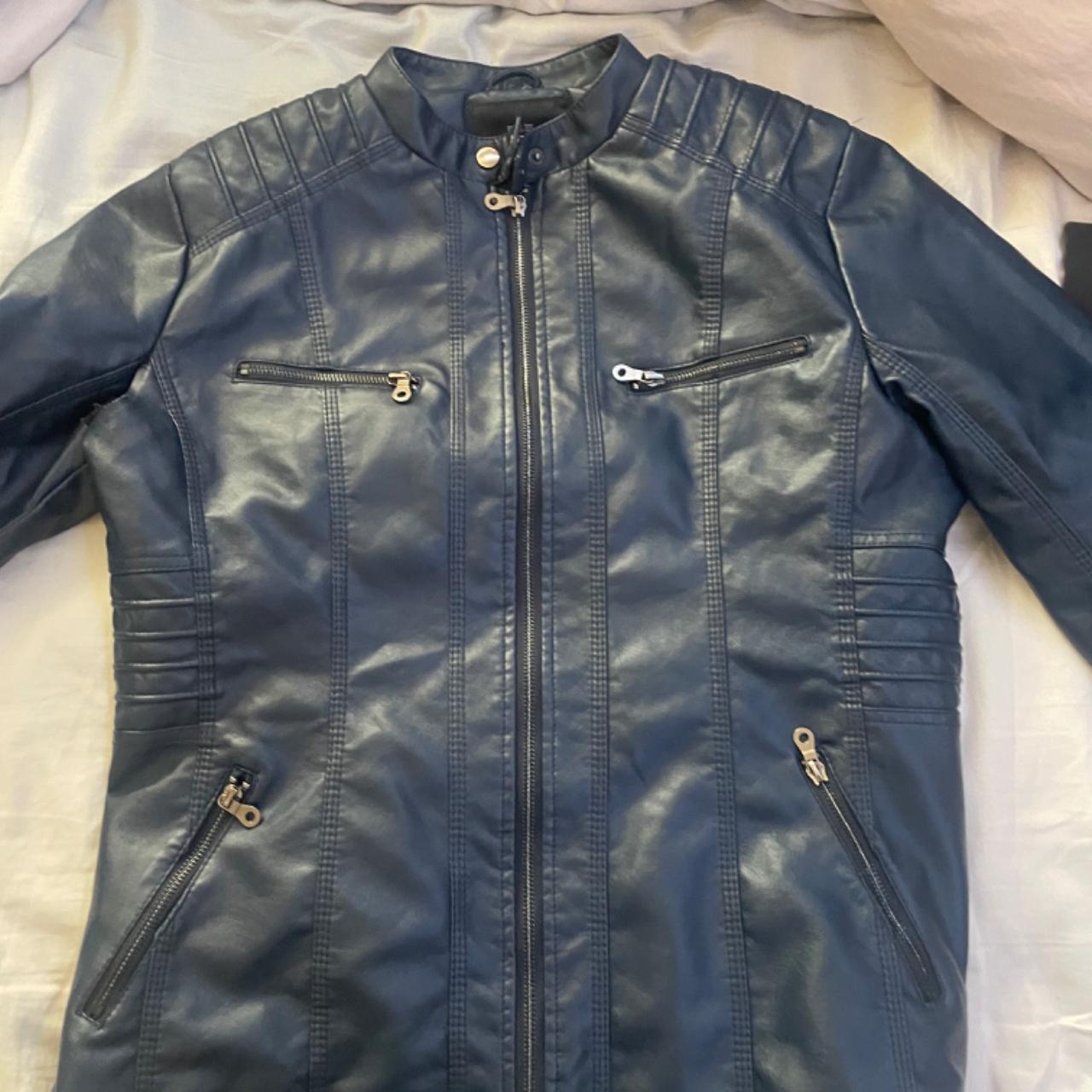 Blue faux leather jacket, like new - Depop