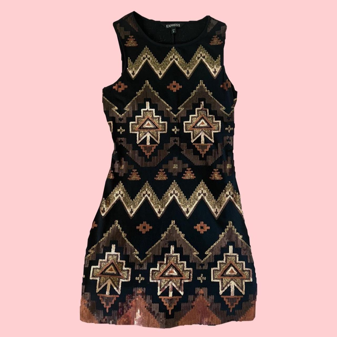 Express aztec print black dress with gold sequin. Depop