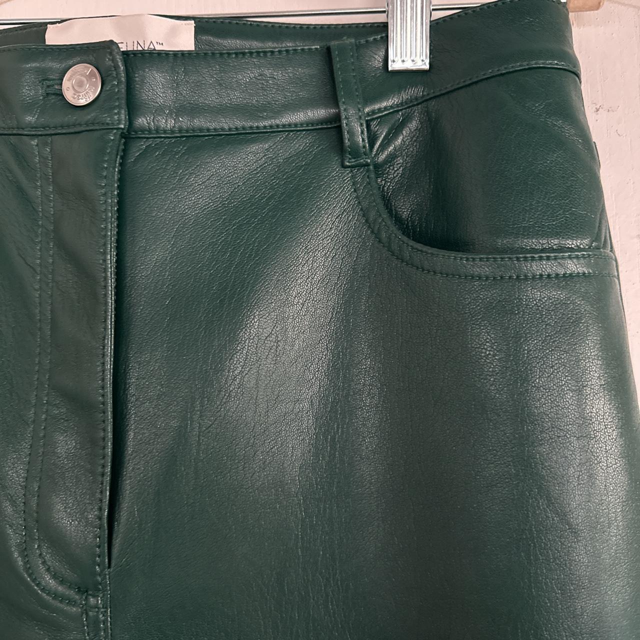 dark green, straight leg faux leather pants