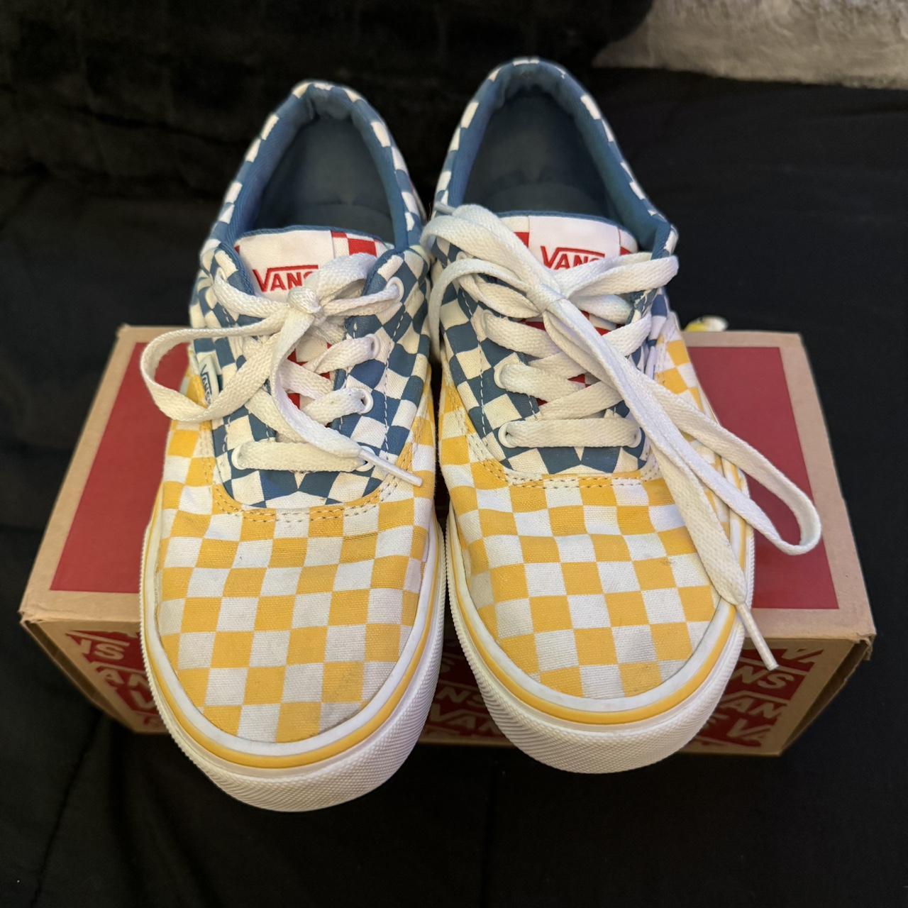 Blue yellow and red checkered clearance vans