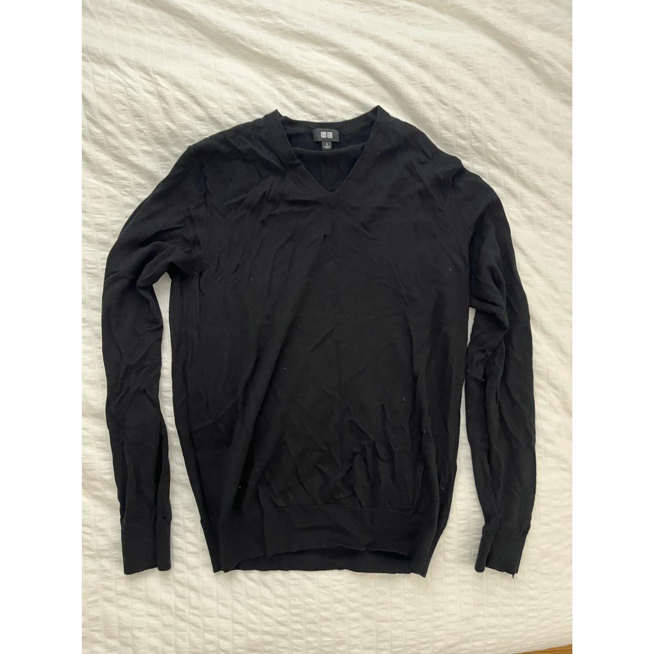 uniqlo black long sleeve with v-neck / small holes... - Depop