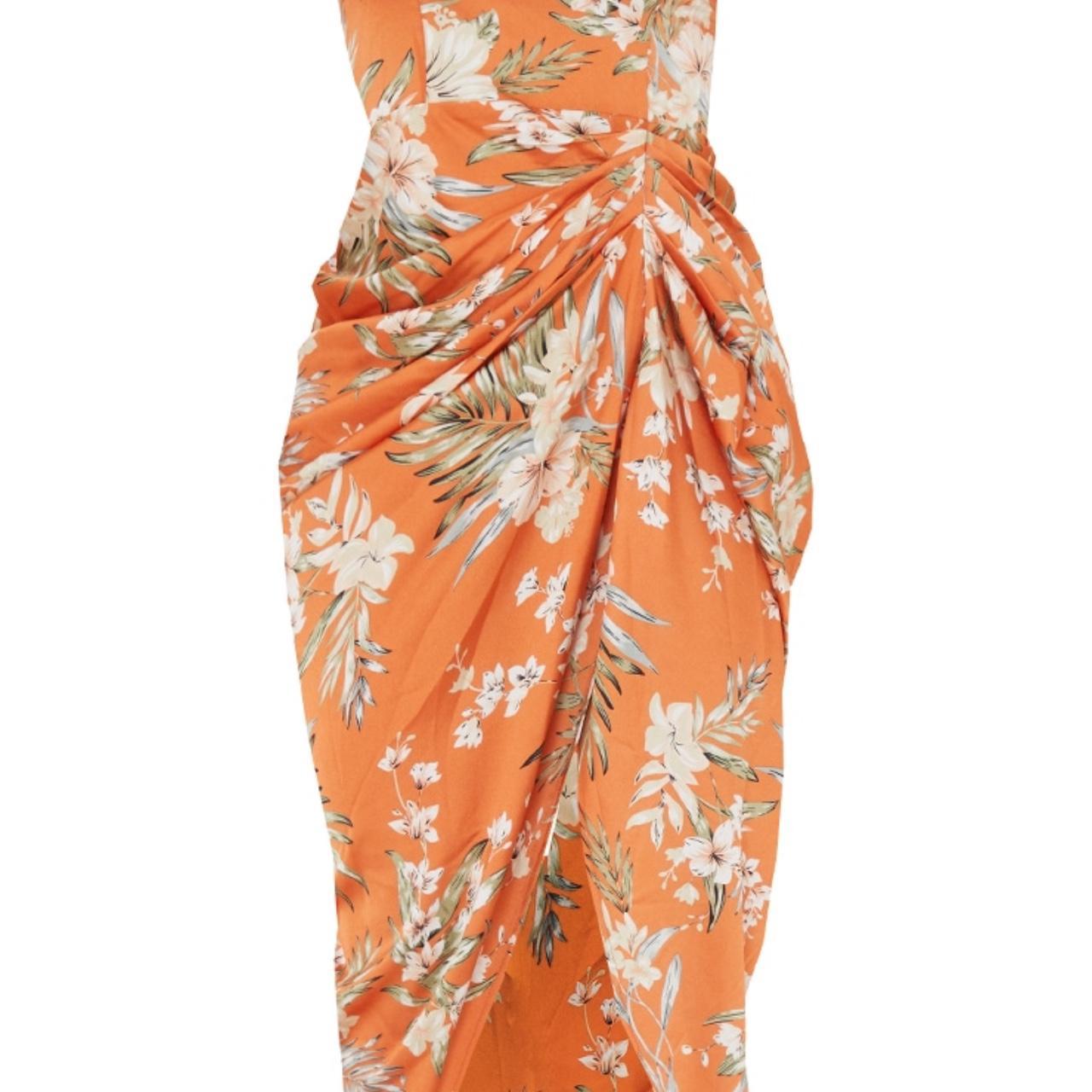 Bardot Midi Dress Rust Floral Dress Rust Floral Print Satin Draped