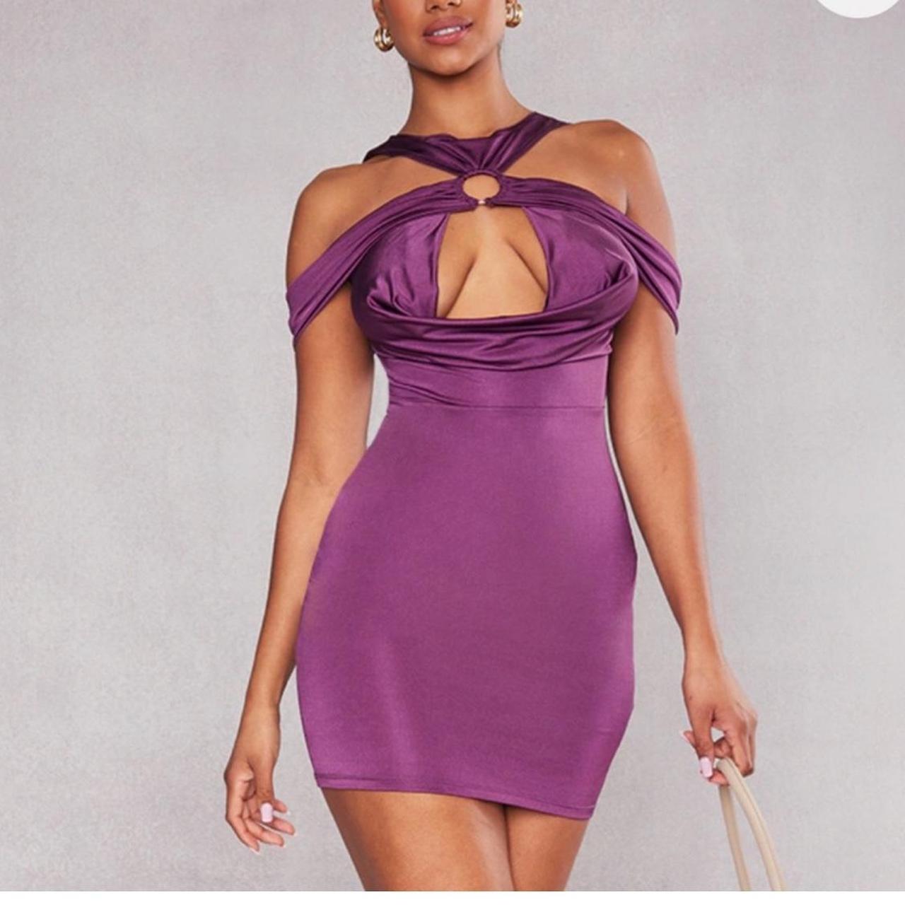 Pretty Little Thing plum bardot cowl bodycon dress Depop