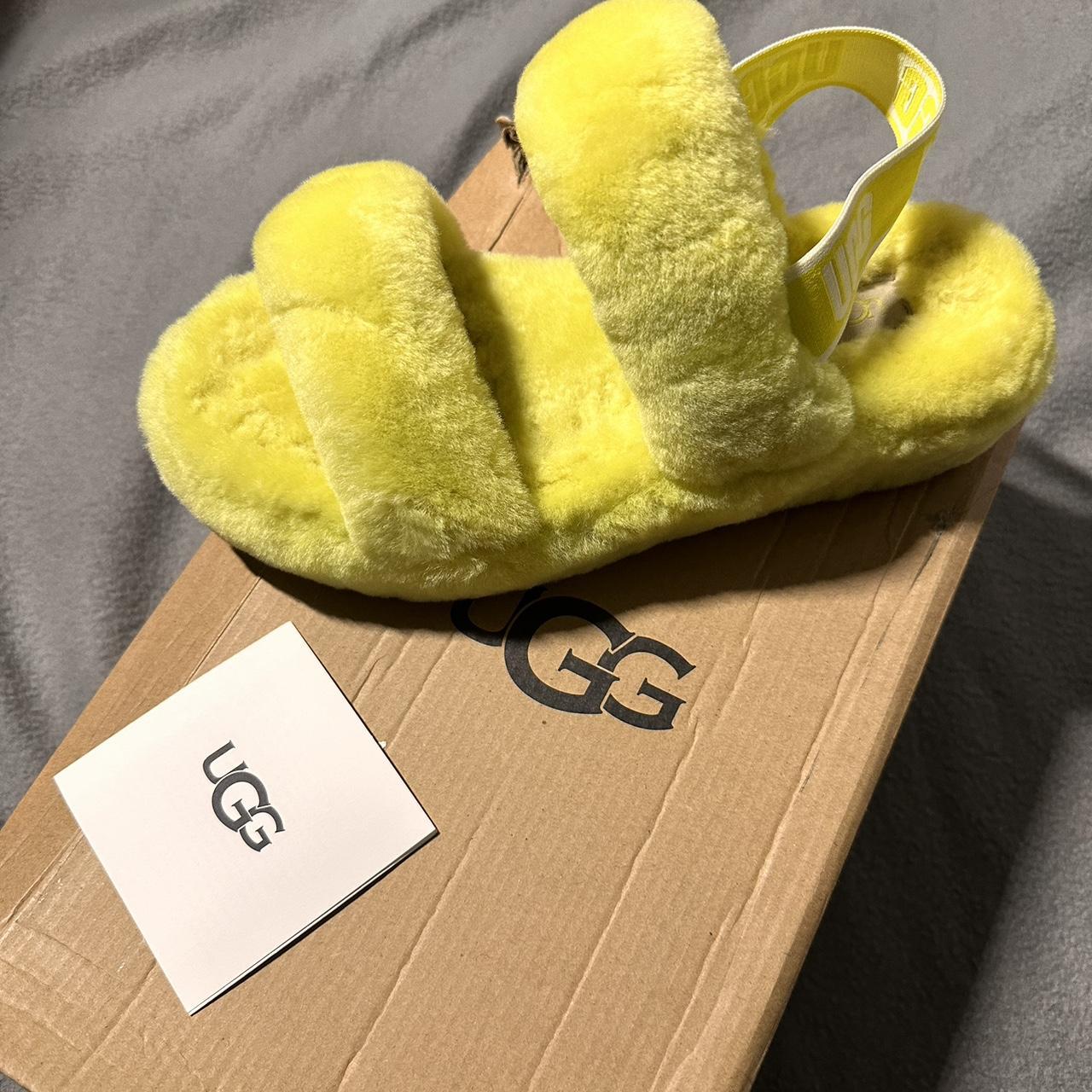 UGG fluff yeah slides neon yellow Size 8W Worn Depop