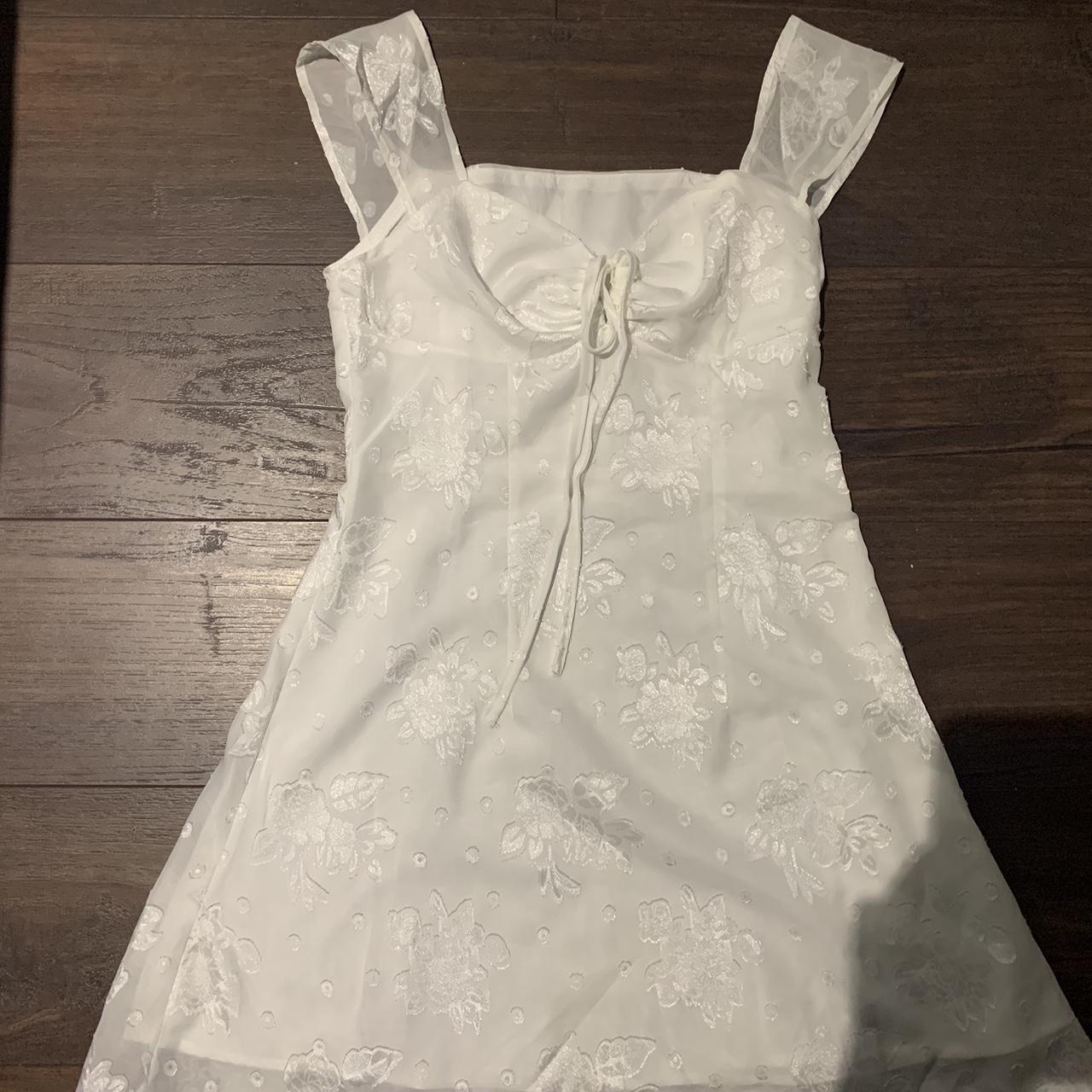 White mini dress with floral design size medium... - Depop