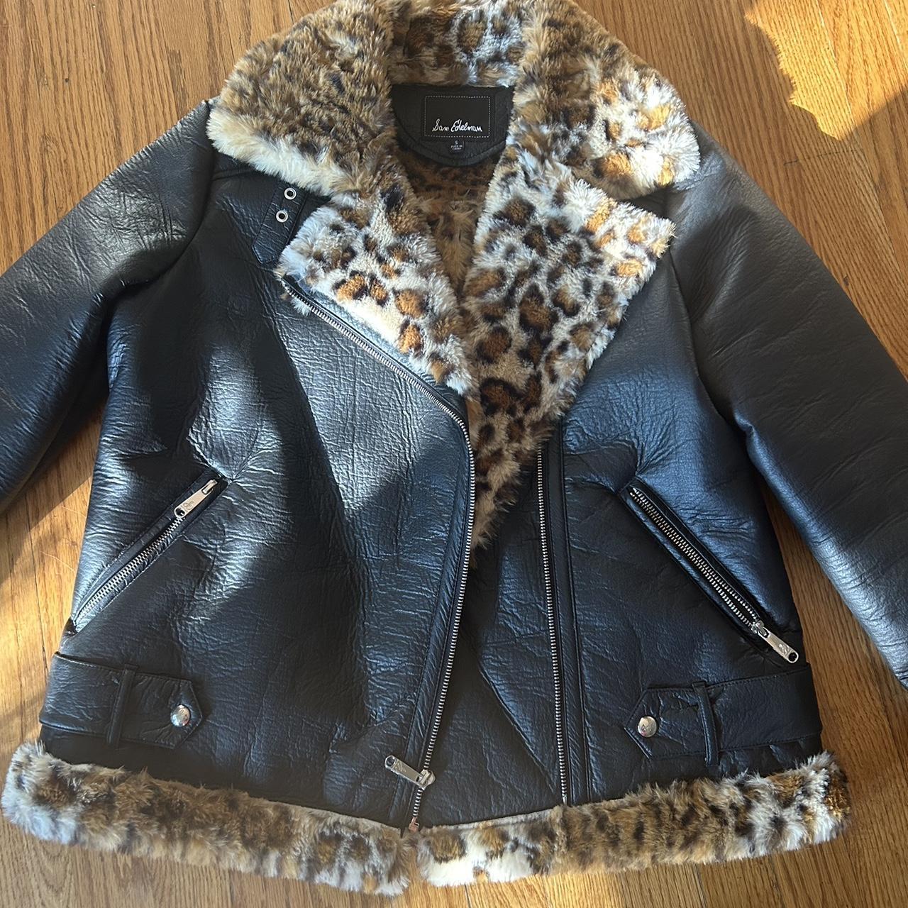 Sam Edelman faux leather outlets and leopard trim jacket size small