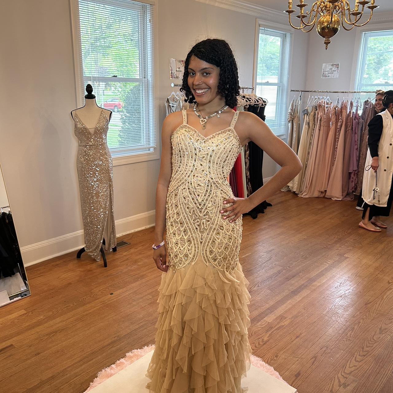 Gold rhinestone prom dress best sale