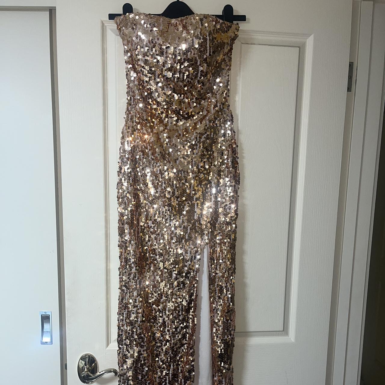 Gold sequin gown with slit - S 🎀 open to offers 🎀... - Depop