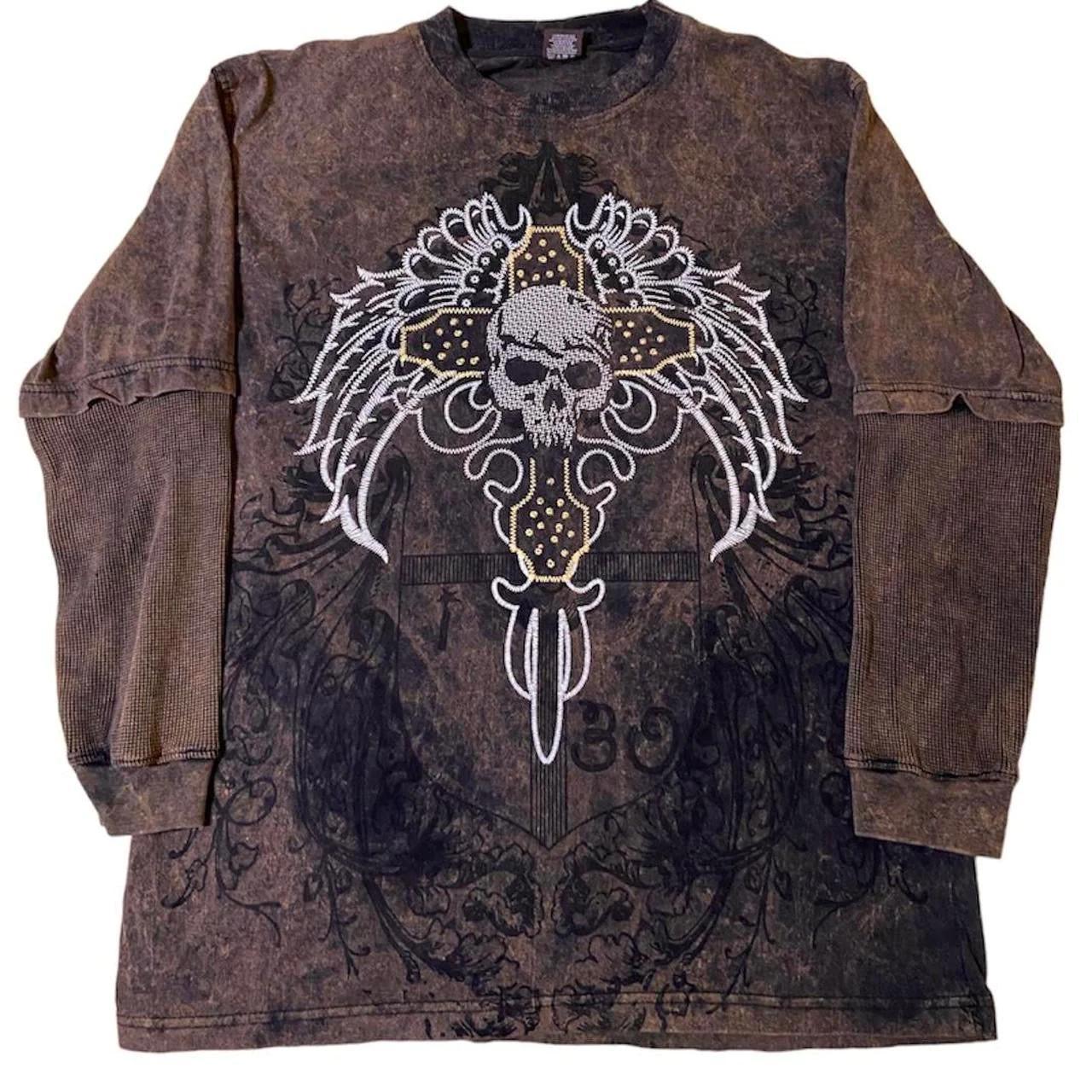 AFFLICTION TEE BROWN ⚰️ Hard Long Sleeve ⚰️ Skull... - Depop