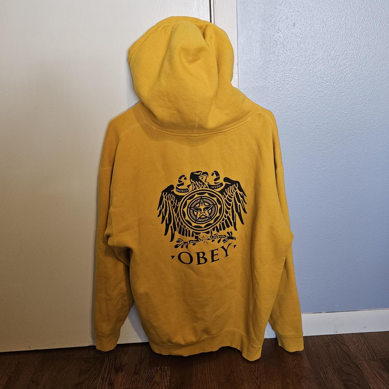 Large yellow Obey hoodie in good condition Depop