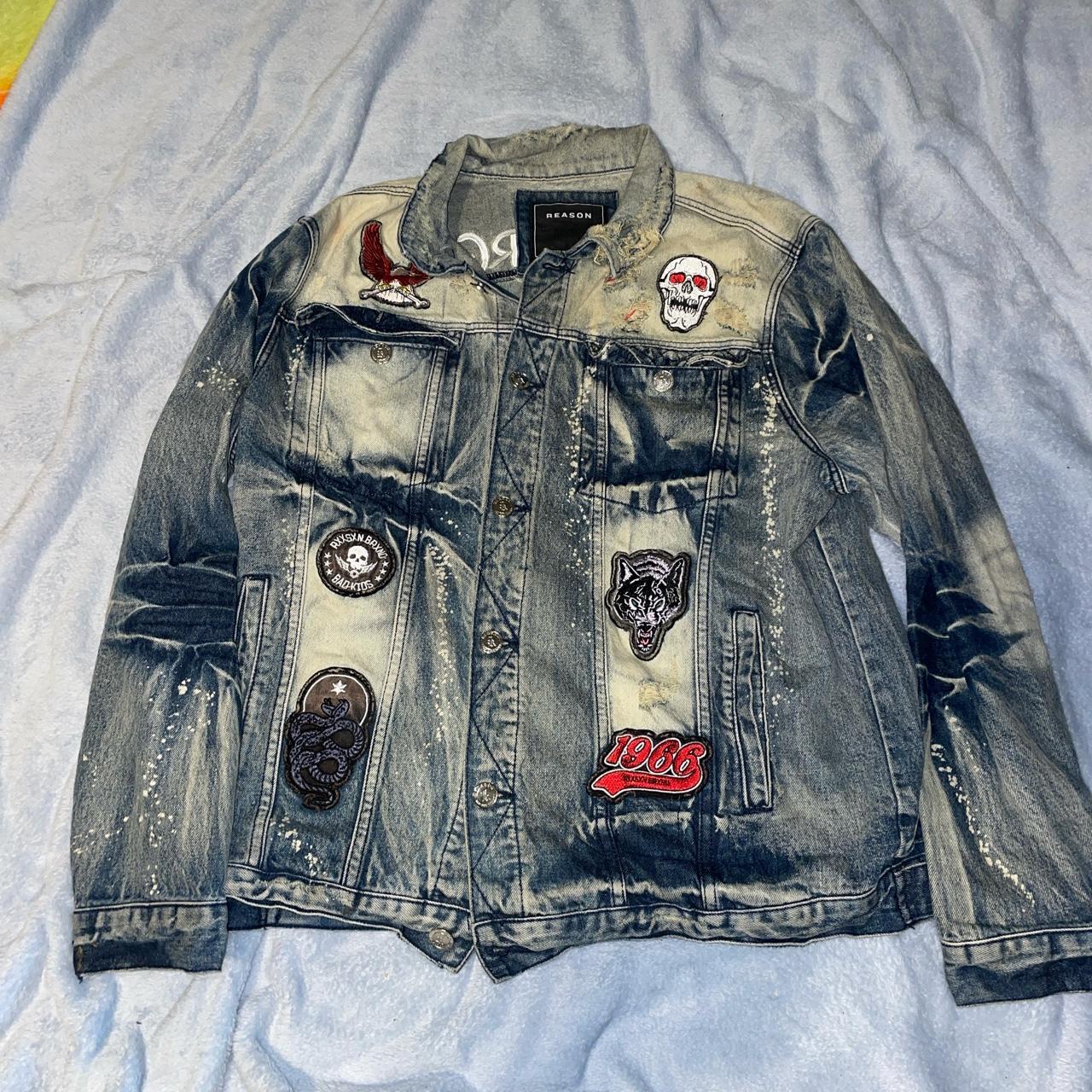 REASON XXL Faded Denim Jacket Patches tattered - Depop