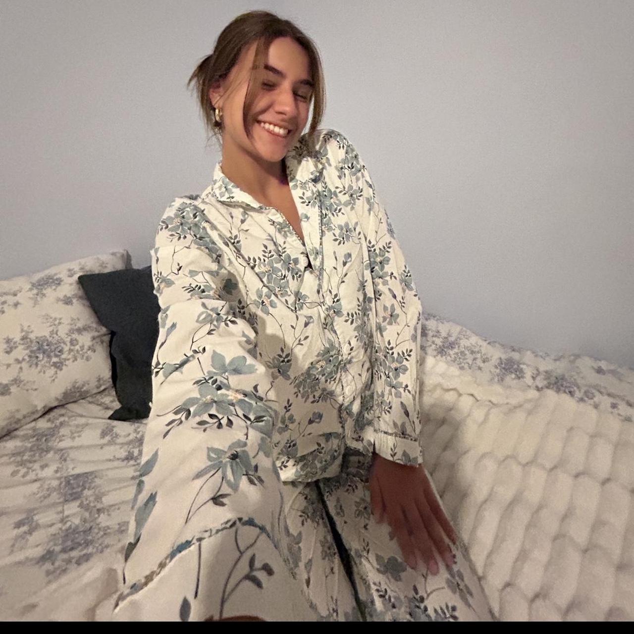 White and blue floral pottery barn pajama set