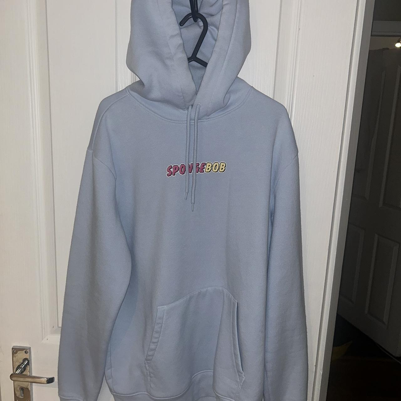 Medium light blue hoodie with SpongeBob graphic on Depop