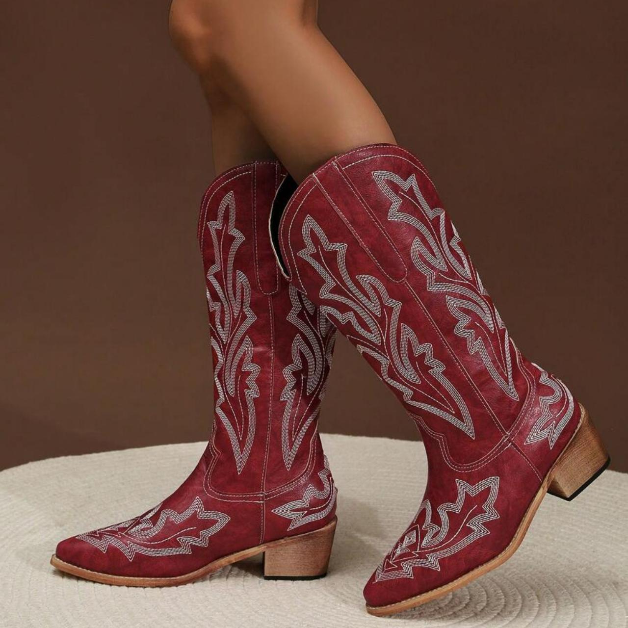 Women's Retro Burgundy Boots, Cowboy Boots, Stylish... - Depop