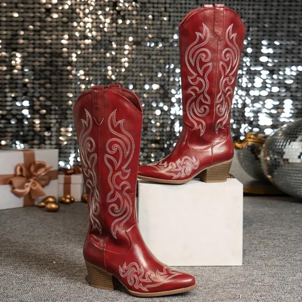 Women's Retro Burgundy Boots, Cowboy Boots, Stylish... - Depop