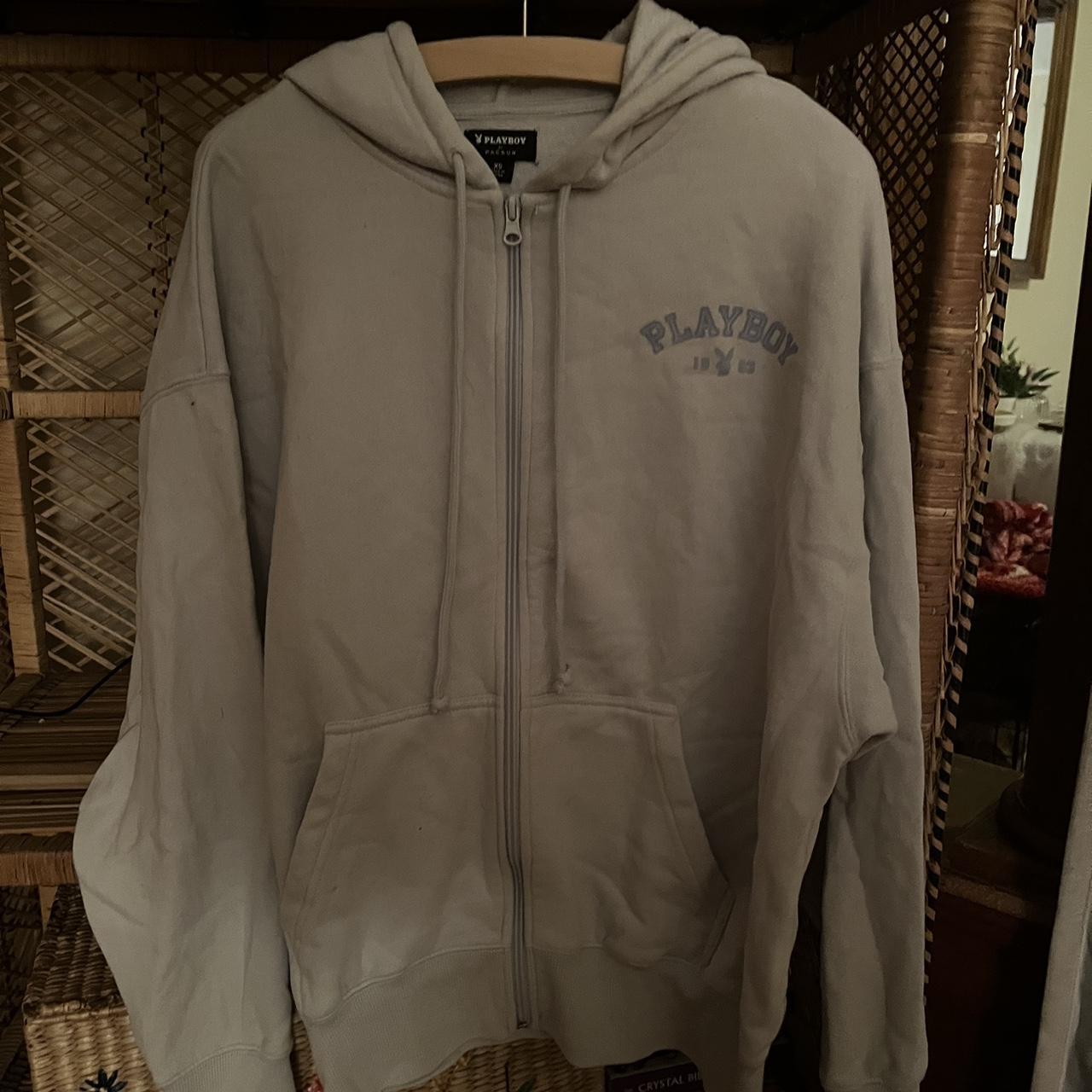 light blue oversized playboy zip up hoodie Depop