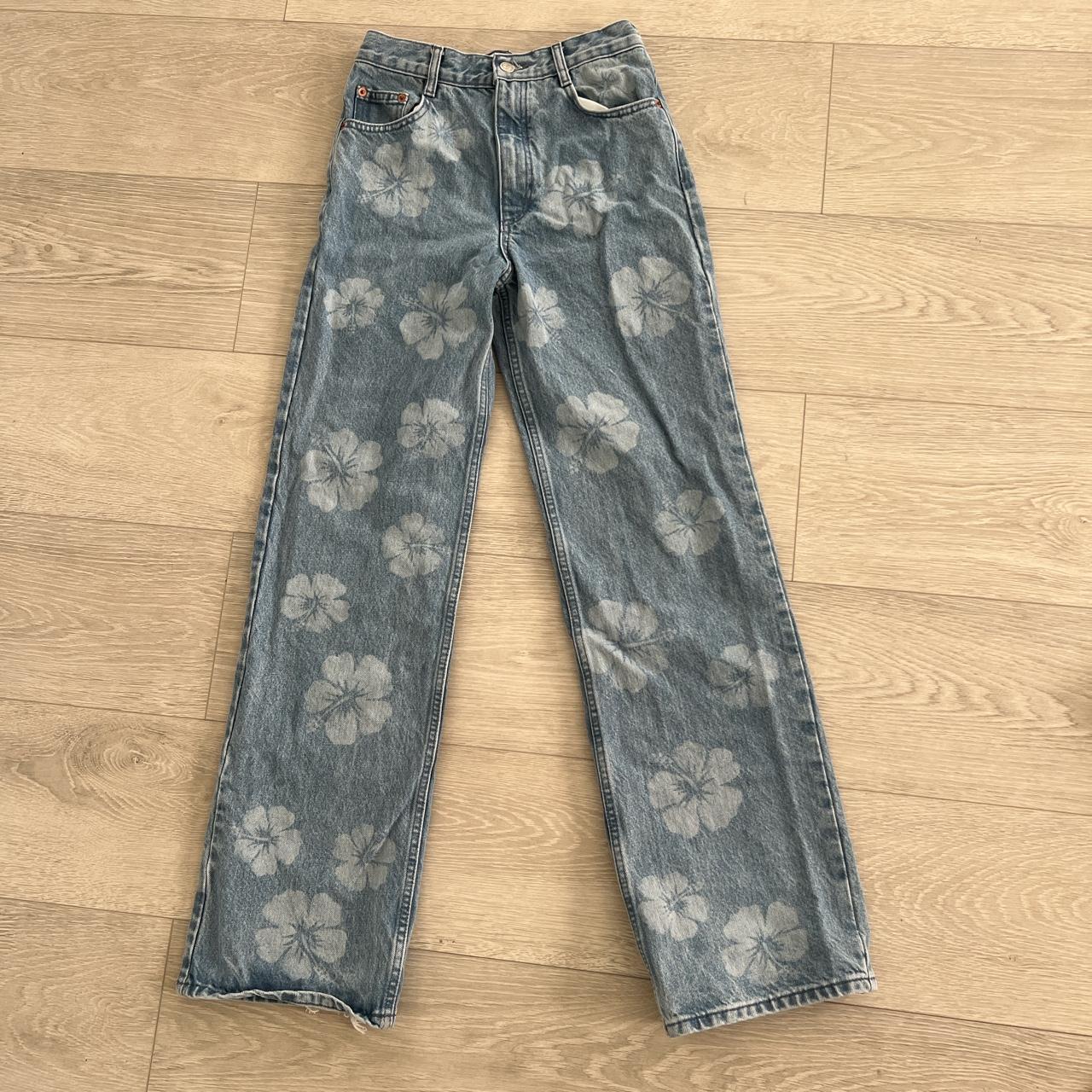 size 0 zara wide leg jeans with bleached flower... Depop