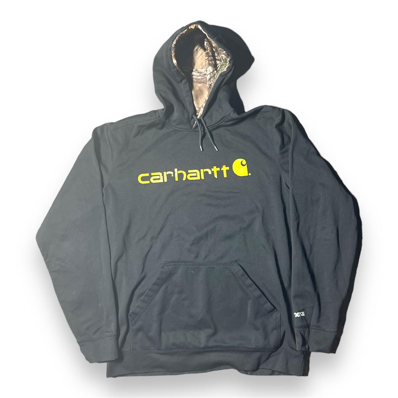 Carhartt black and yellow hoodie with camo lining. Depop