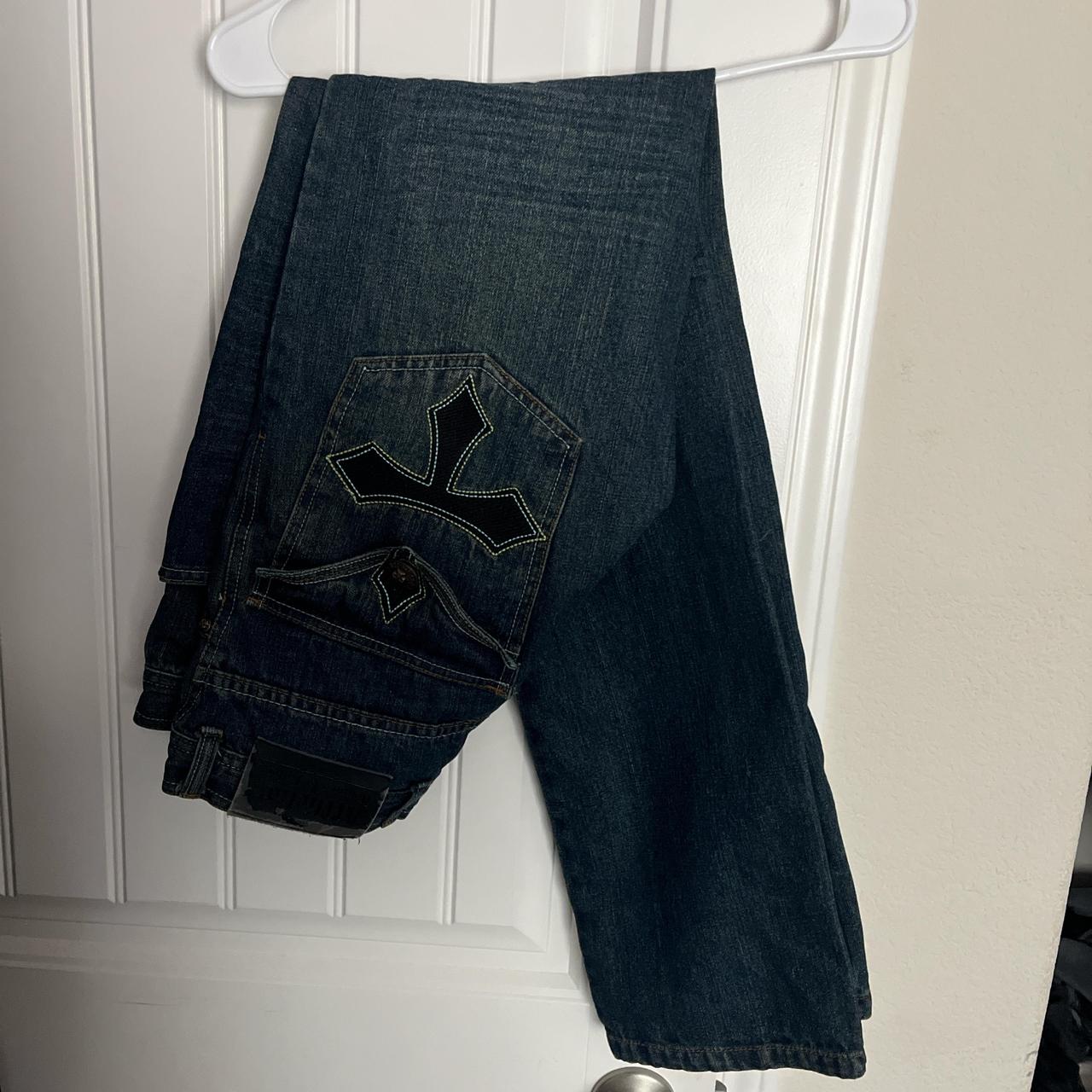 Affliction jeans with embroidery pockets and flaps... - Depop