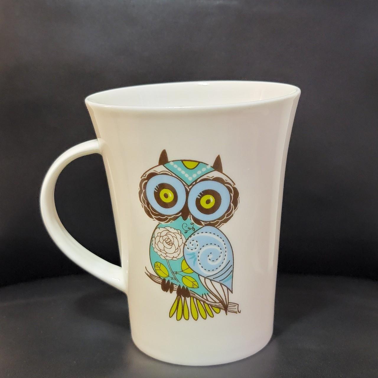 Cute Turquoise Owl on Tree Branch Porcelain Mug Blue... - Depop