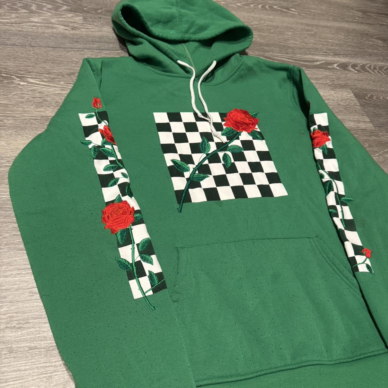 green hoodie with checkered rose