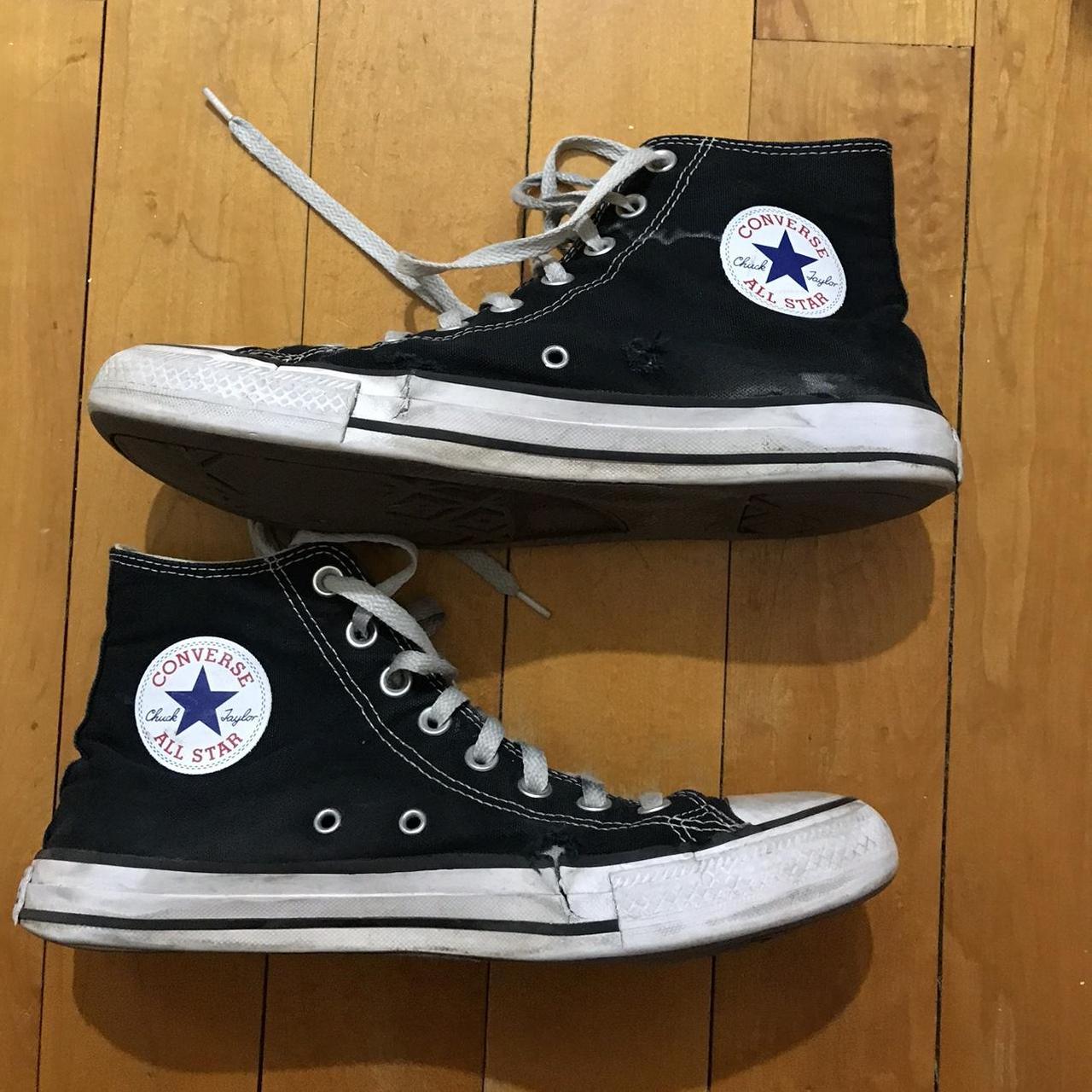 Super loved Converses, black, womens size 10.5, mens... - Depop