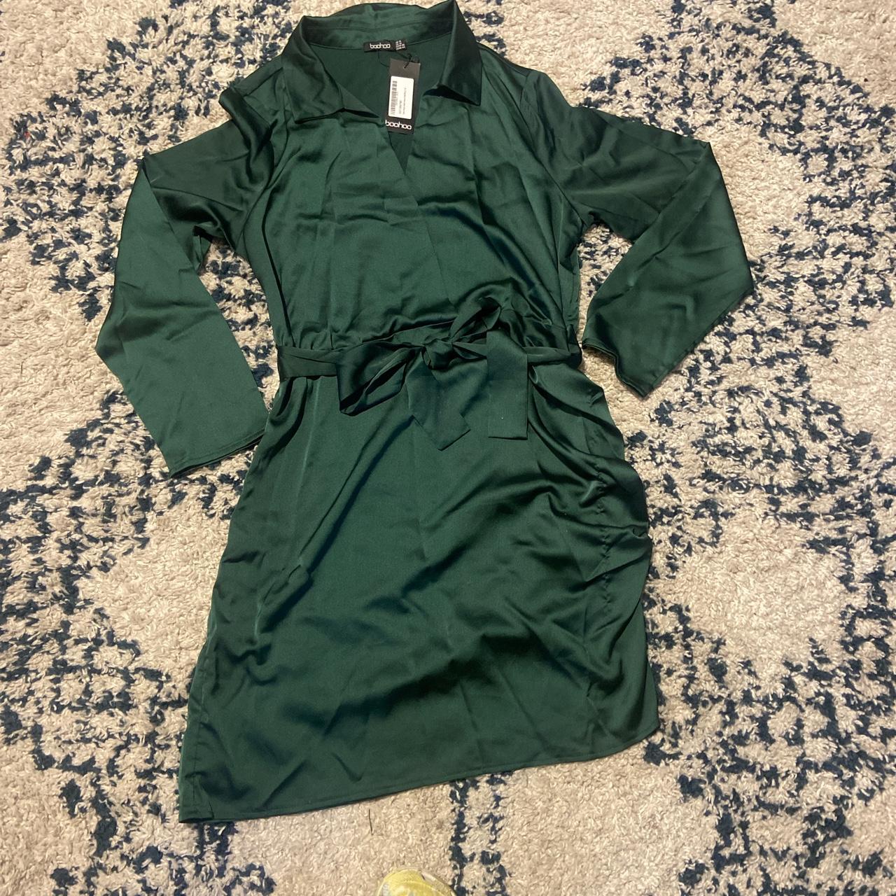 Emerald Green Ruched Side Satin Dress Size 14 Brand... Depop